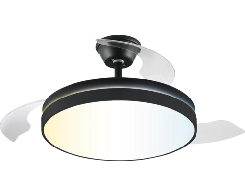 Ventilator de tavan modern cu iluminare LED, carcasă rotundă neagră și palete transparente.