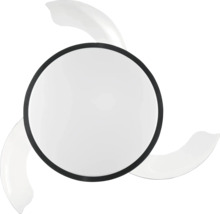 Ventilator de tavan cu iluminare LED rotundă și trei palete curbate, vedere de jos.