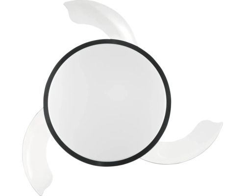 Ventilator de tavan cu iluminare LED rotundă și trei palete curbate, vedere de jos.