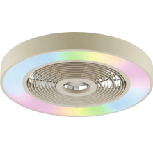 Ventilator de tavan rotund modern cu lumină LED RGB integrată și grilă circulară.
