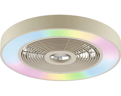 Ventilator de tavan rotund modern cu lumină LED RGB integrată și grilă circulară.