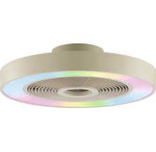 Ventilator de tavan rotund și plat, cu inel luminos LED integrat în culorile curcubeului și palete ascunse.