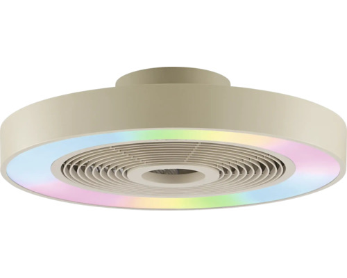 Ventilator de tavan rotund și plat, cu inel luminos LED integrat în culorile curcubeului și palete ascunse.
