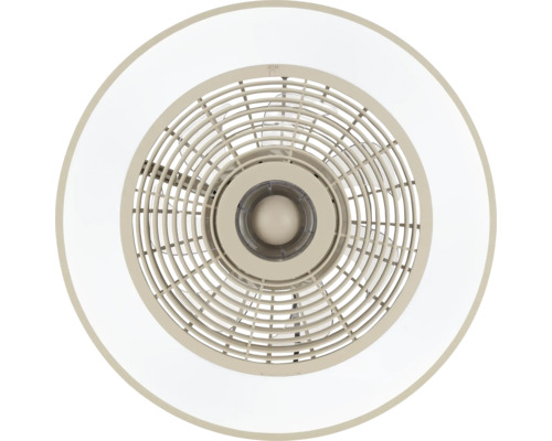 Ventilator de tavan rotund cu lumină LED integrată și grilă de protecție circulară, vedere de jos.