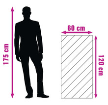 Comparație de mărime între o persoană de 175 centimetri și un obiect dreptunghiular cu dimensiunile de 120 pe 60 centimetri.