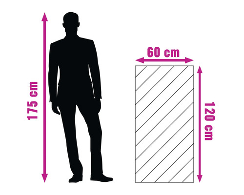 Comparație de mărime între o persoană de 175 centimetri și un obiect dreptunghiular cu dimensiunile de 120 pe 60 centimetri.