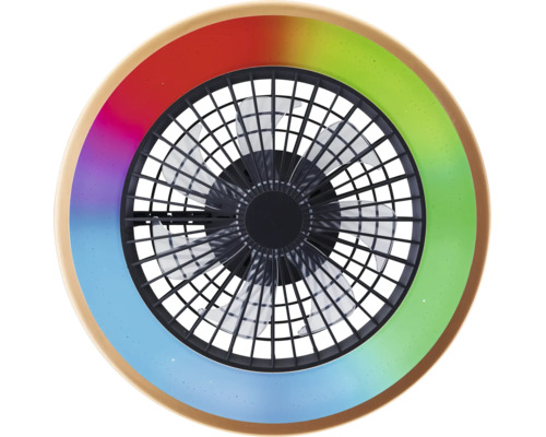 Ventilator de tavan rotund cu inel luminos multicolor, grilă de protecție neagră, palete transparente și cadru cu aspect de lemn.