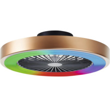 Ventilator de tavan rotund de culoare bronz cu suport negru, iluminat LED integrat și funcție de schimbare a culorii.