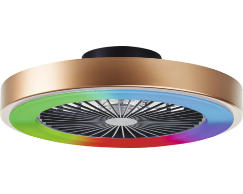 Ventilator de tavan rotund de culoare bronz cu suport negru, iluminat LED integrat și funcție de schimbare a culorii.