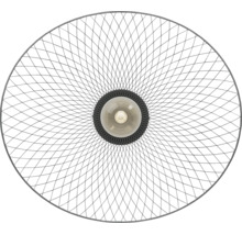 Pendul rotund din sârmă metalică cu un model de rețea filigranat și o sursă de lumină centrală, vedere de sus.