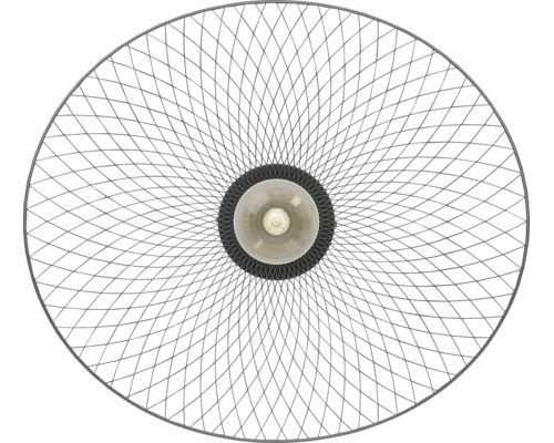 Pendul rotund din sârmă metalică cu un model de rețea filigranat și o sursă de lumină centrală, vedere de sus.