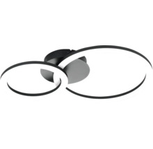 Plafonieră LED modernă neagră cu două inele interconectate din metal și plastic.