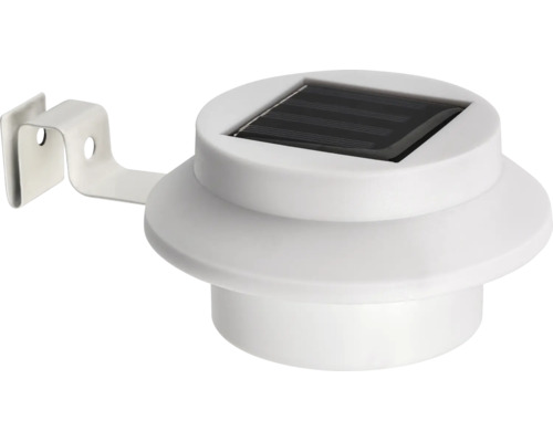 Lampă solară albă pentru jgheab cu panou solar integrat și suport de fixare pentru exterior.