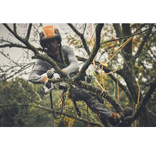 Arboricultor profesionist în haine de protecție cu harnașament de siguranță taie o ramură cu un motoferăstrău cu acumulator Stihl.