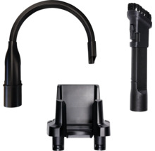 Set de accesorii pentru aspirator cu duză flexibilă pentru rosturi, suport de perete și perie combinată din plastic negru.