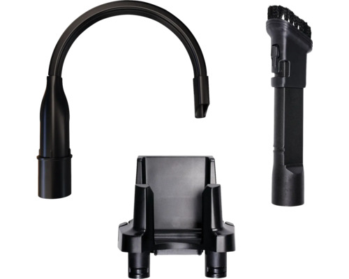Set de accesorii pentru aspirator cu duză flexibilă pentru rosturi, suport de perete și perie combinată din plastic negru.
