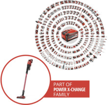 Aspirator vertical cu acumulator Einhell, parte din familia de unelte Power X-Change, cu numeroase aparate compatibile.