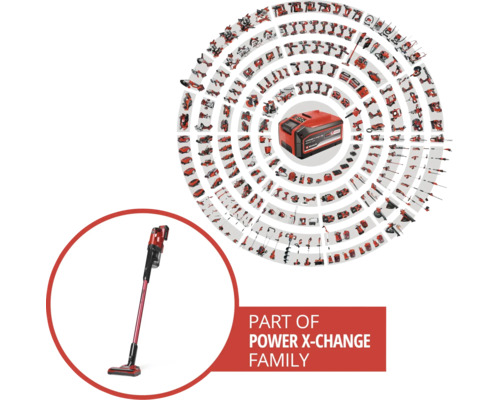 Aspirator vertical cu acumulator Einhell, parte din familia de unelte Power X-Change, cu numeroase aparate compatibile.