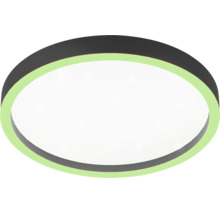 Plafonieră LED rotundă cu cadru negru, difuzor alb și inel luminos verde.