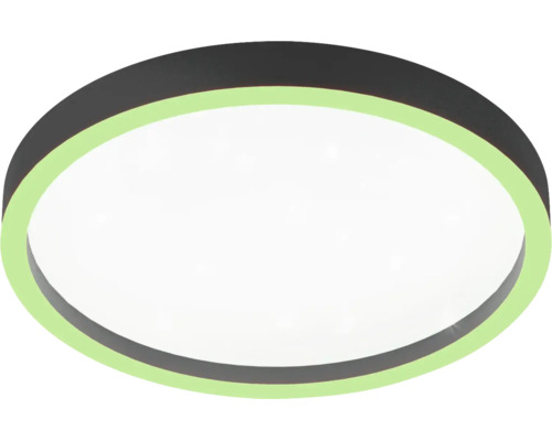 Plafonieră LED rotundă cu cadru negru, difuzor alb și inel luminos verde.