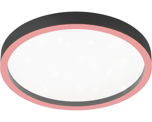 Plafonieră LED rotundă cu cadru închis la culoare, inel decorativ roz și suprafață luminoasă albă.