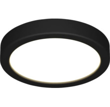 Plafonieră LED rotundă și plată, cu ramă neagră și suprafață luminoasă albă.