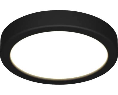 Plafonieră LED rotundă și plată, cu ramă neagră și suprafață luminoasă albă.