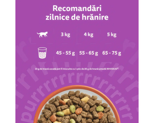 Recomandări zilnice de hrănire pentru hrană de pisici Whiskas. Cantitatea de hrană uscată în funcție de greutate de la 3 la 5 kilograme și înlocuirea cu hrană umedă.