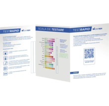 Broșură informativă pentru benzi de testare a apei cu scală de culori pentru analiza a 16 parametri, instrucțiuni pas cu pas și cod QR.