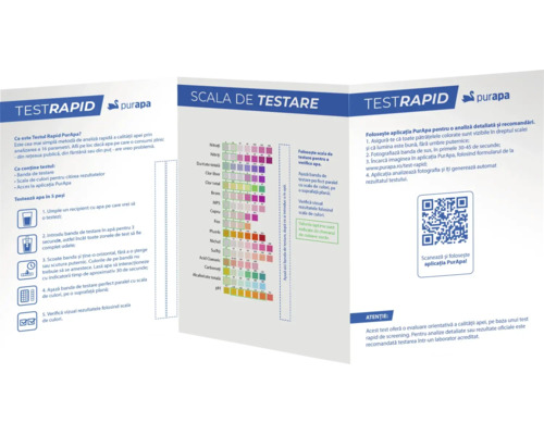 Broșură informativă pentru benzi de testare a apei cu scală de culori pentru analiza a 16 parametri, instrucțiuni pas cu pas și cod QR.
