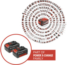 Sistem de acumulatori Einhell Power X-Change cu doi acumulatori și o gamă de unelte și utilaje de grădinărit compatibile dispuse în spirală.