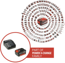Prezentare generală a familiei Einhell Power X-Change cu o varietate de unelte și echipamente de grădină compatibile pentru sistemul de acumulatori 18V.