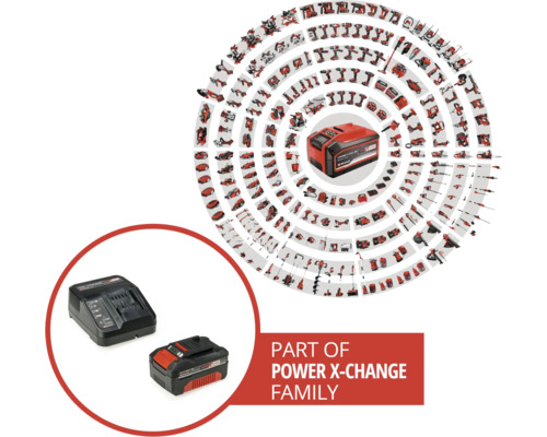 Prezentare generală a familiei Einhell Power X-Change cu o varietate de unelte și echipamente de grădină compatibile pentru sistemul de acumulatori 18V.