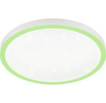 Plafonieră rotundă cu un difuzor alb și un inel exterior verde.