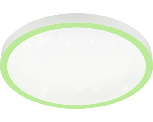 Plafonieră rotundă cu un difuzor alb și un inel exterior verde.