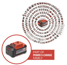 Acumulator Einhell Power X-Change cu o gamă variată de unelte și echipamente de grădinărit compatibile din sistemul de acumulatori.
