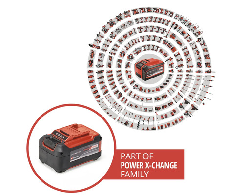 Acumulator Einhell Power X-Change cu o gamă variată de unelte și echipamente de grădinărit compatibile din sistemul de acumulatori.