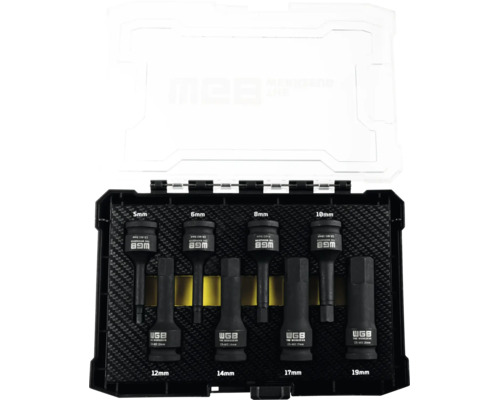 Set de 8 chei tubulare de impact pentru șuruburi cu hexagon interior de la WGB în cutie de plastic. Dimensiuni: 5, 6, 8, 10, 12, 14, 17, 19 milimetri.