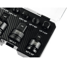 Set de adaptoare pentru chei tubulare WGB într-o cutie cu inserție cu aspect de carbon, conține adaptoare de la 1/4 inch la 1 inch.