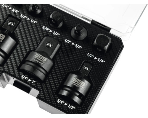 Set de adaptoare pentru chei tubulare WGB într-o cutie cu inserție cu aspect de carbon, conține adaptoare de la 1/4 inch la 1 inch.