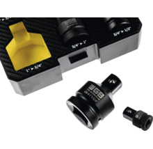 Set de adaptoare pentru chei tubulare WGB din oțel crom-vanadiu cu diverse reducții de la 1 inch la 1/2 inch într-un suport pentru unelte.