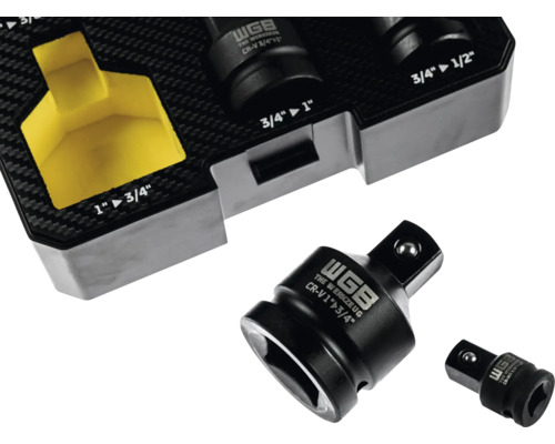 Set de adaptoare pentru chei tubulare WGB din oțel crom-vanadiu cu diverse reducții de la 1 inch la 1/2 inch într-un suport pentru unelte.