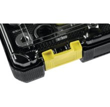 Vedere detaliată a unei truse de scule cu închizătoare din plastic galben și capac transparent.