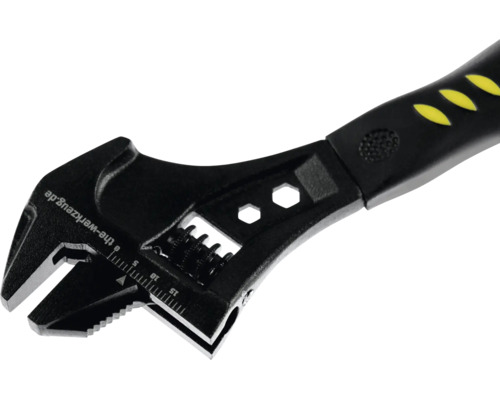 Cheie reglabilă din metal cu mâner ergonomic, scală milimetrică și decupaje hexagonale.