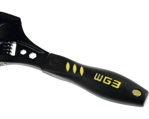 Detaliu al unei chei reglabile cu mâner ergonomic, decupaje hexagonale și WG3 Logo.