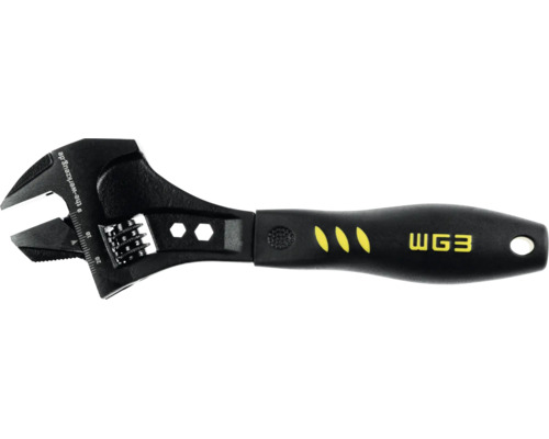 Cheie reglabilă cu mâner ergonomic, scală milimetrică și WG3 Logo.