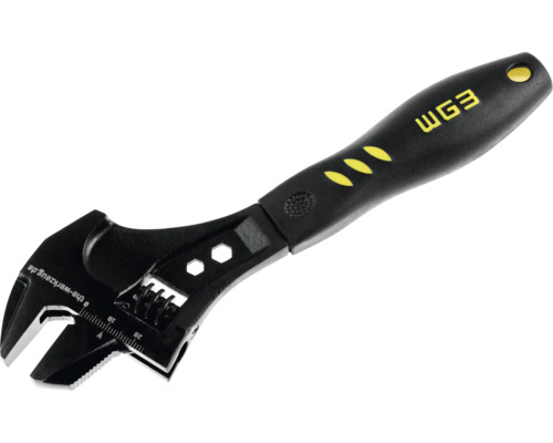 Cheie reglabilă WGB neagră cu mâner ergonomic și scală milimetrică.