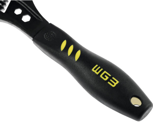 Mâner ergonomic al unei chei reglabile în negru și galben cu inscripția WG3.