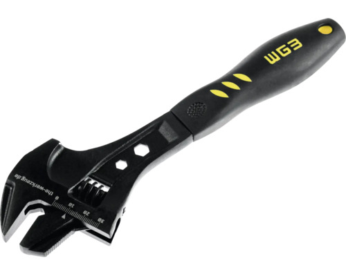 Cheie reglabilă neagră cu WG3 Logo, scală de măsurare până la 30 milimetri și mâner ergonomic.