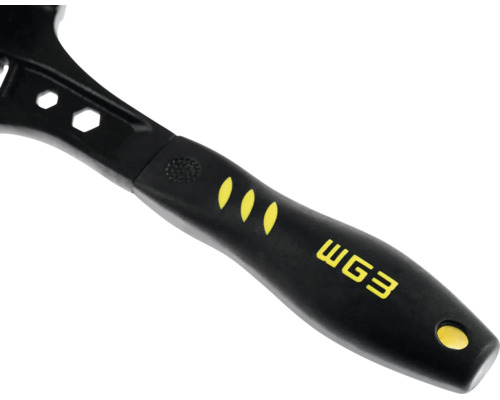 Mâner ergonomic negru și galben pentru unealtă cu WG3 Logo și orificiu de agățare.